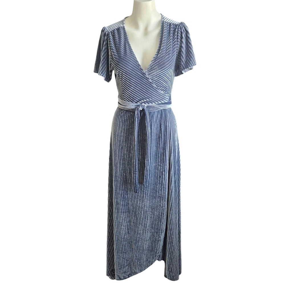 Baltic Born Andi Ribbed‎ Velvet Wrap Dress Blue Gray SM Autumn Wedding Guest